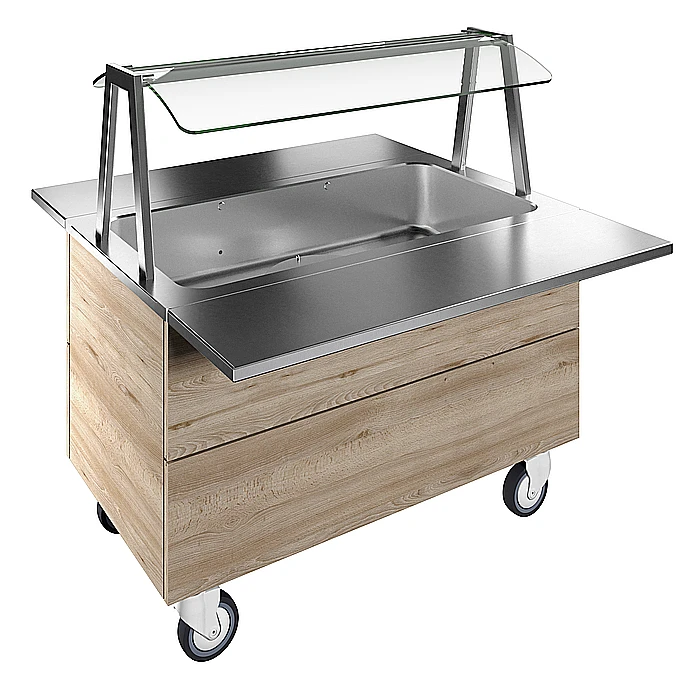 Flexy Compact<br>Vasca refrigerata su base armadiata, statica con ventola, per 3 bacinelle GN con ruote, luci LED, H=