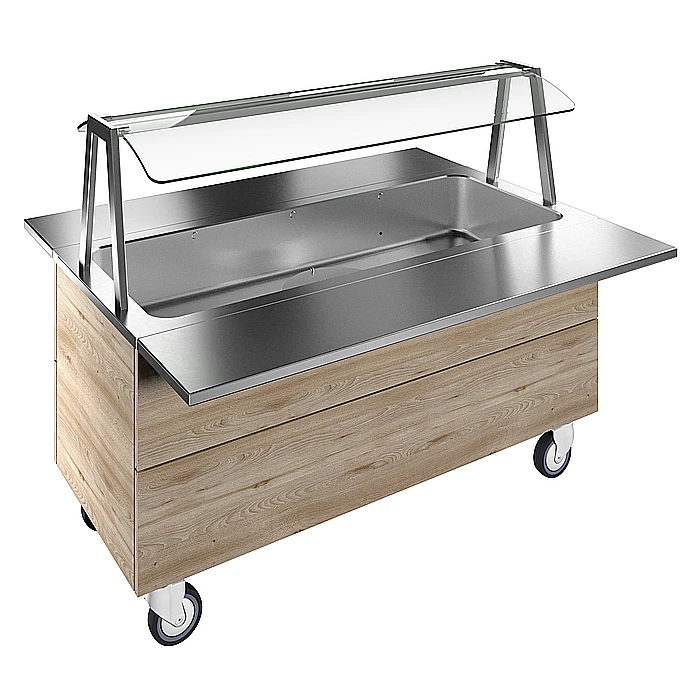 Flexy Compact<br>Vasca refrigerata su base armadiata, statica con ventola, per 4 bacinelle GN con ruote, luci LED, H=