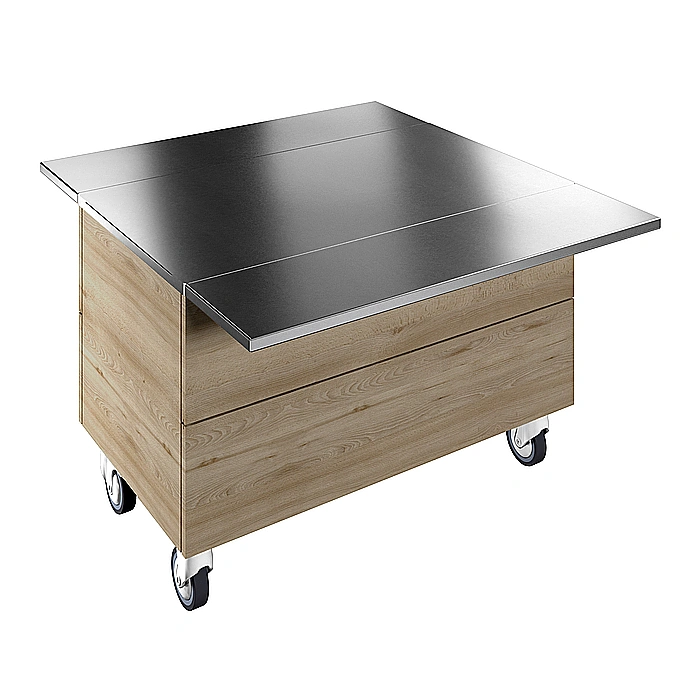 Flexy Compact<br>Elemento neutro su base armadiata per 3 bacinelle GN con ruote e due scorrivassoi in acciaio inox, H