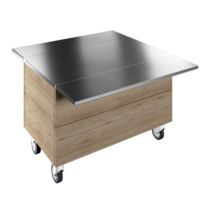 Idea<br>Elemento neutro su base armadiata per 3 bacinelle GN con ruote e due scorrivassoi, H=750mm