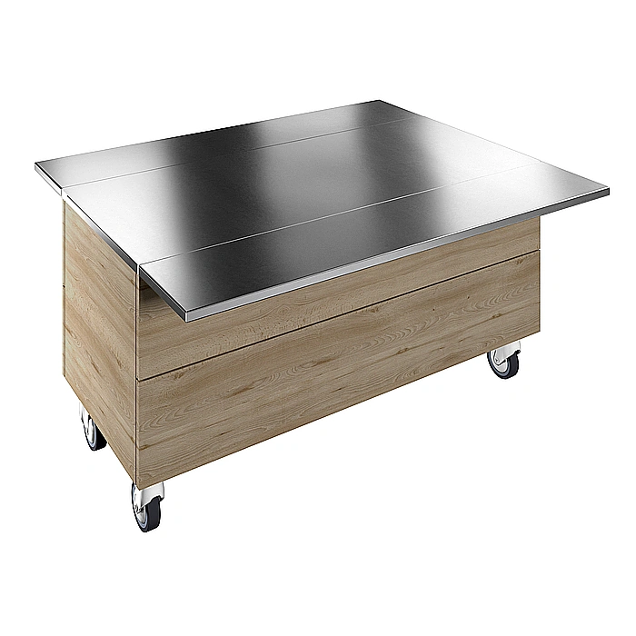 Flexy Compact<br>Elemento neutro su base armadiata per 4 bacinelle GN con ruote e due scorrivassoi in acciaio inox, H