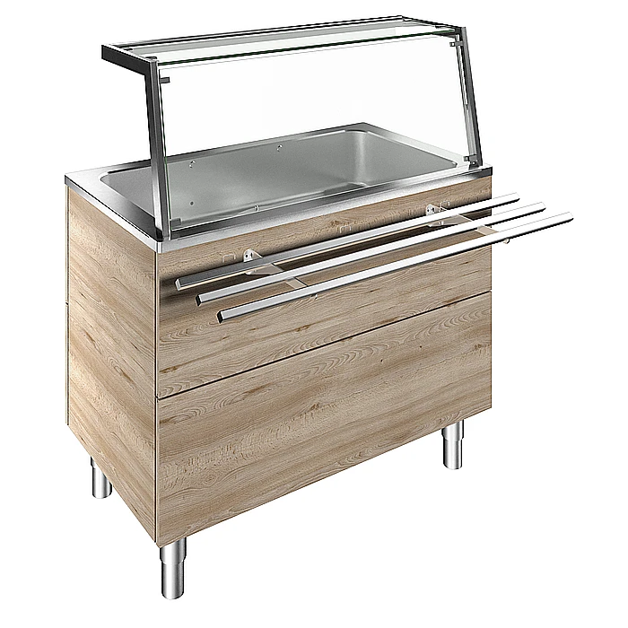 Idea<br>Bagnomaria ad aria, ventilato, su base armadiata con vasca per 3 GN, sovrastruttura luci LED, H=900m