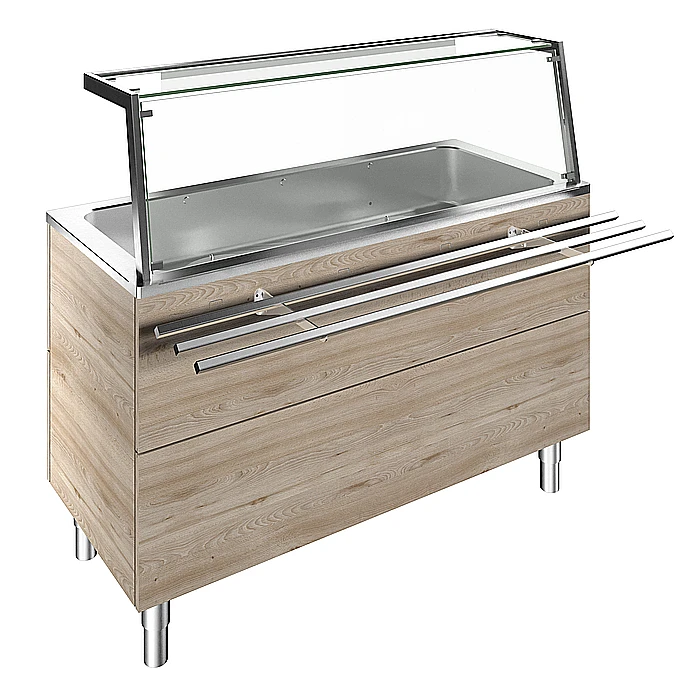 Idea<br>Bagnomaria ad aria, ventilato, su base armadiata con vasca per 4 GN, sovrastruttura luci LED, H=900m
