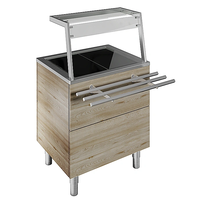 Flexy Compact<br>Piano caldo in vetro temperato su base armadiata, 2 GN, con sovrastruttura con luci LED, H=900mm