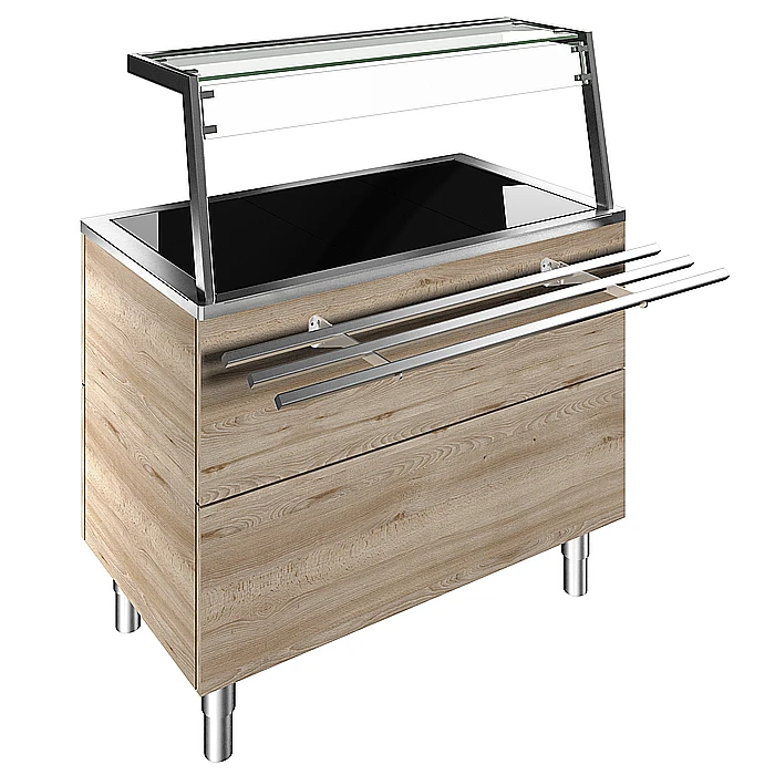 Idea<br>Piano caldo in vetro temperato su base armadiata per 3 GN, con sovrastruttura luci LED, H=900mm