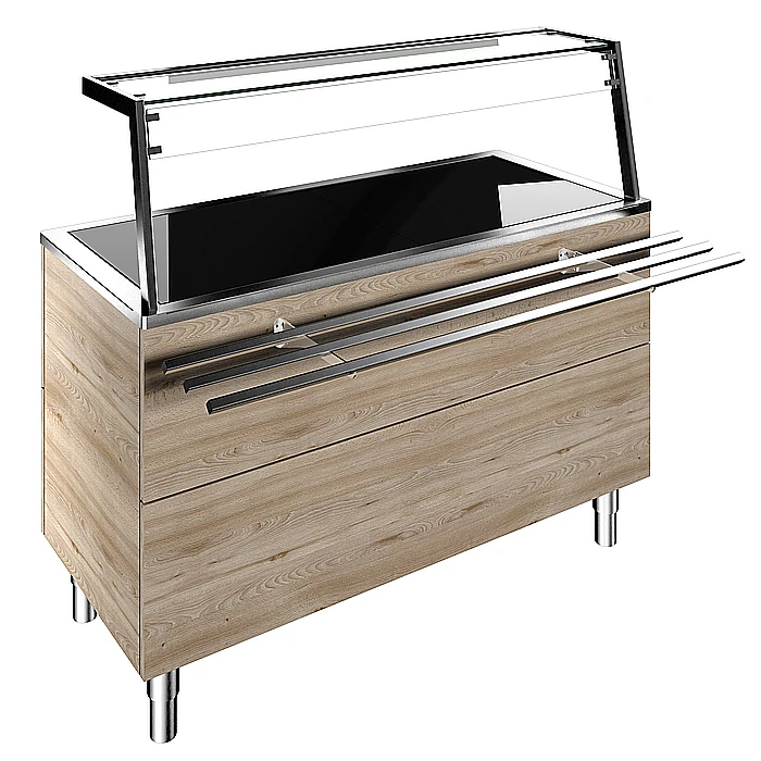 Idea<br>Piano caldo in vetro temperato su base armadiata per 4 GN, con sovrastruttura luci LED, H=900mm