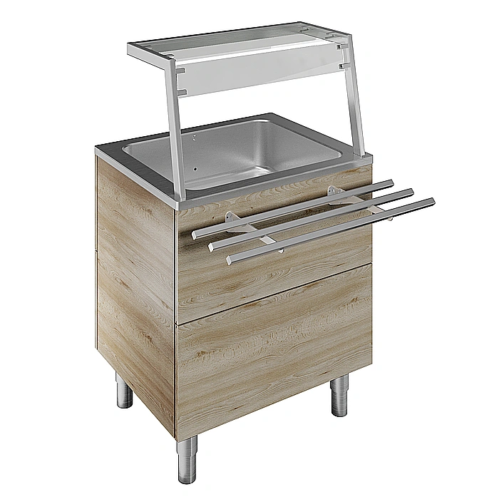 Flexy Compact<br>Vasca refrigerata su base armadiata, statica, 2 GN, con sovrastruttura con luci LED, H=900mm