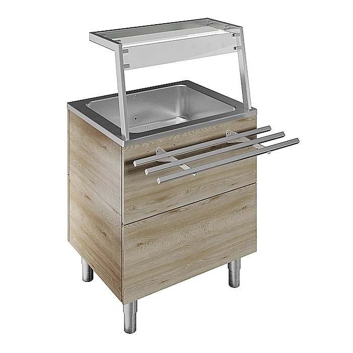 Flexy Compact<br>Vasca refrigerata su base armadiata, statica con ventola, 2 GN, con sovrastruttura luci LED, H=900mm