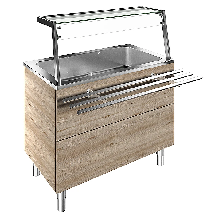 Flexy Compact<br>Vasca refrigerata su base armadiata, statica con ventola, 3 GN, con sovrastruttura luci LED, H=900mm