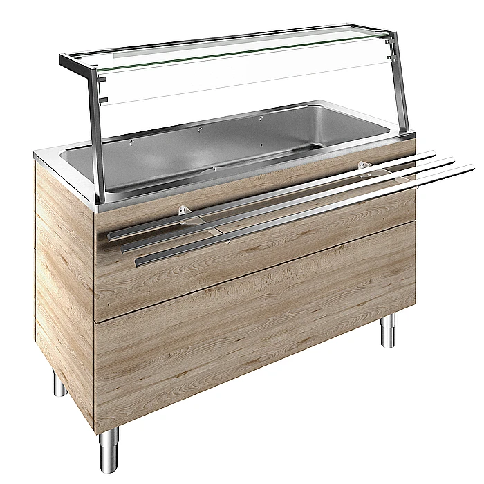 Idea<br>Vasca refrigerata su base armadiata, statica con ventola, 4 GN, con sovrastruttura luci LED, H=900mm