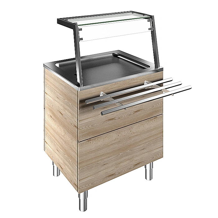 Idea<br>Piano refrigerato in acciaio inox su base armadiata per 2 GN, sovrastruttura luci LED, H=900mm