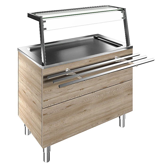 Flexy Compact<br>Piano refrigerato in acciaio inox su base armadiata, 3 GN, con sovrastruttura luci LED, H=900mm