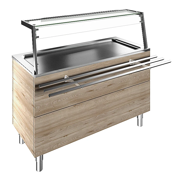 Idea<br>Piano refrigerato in acciaio inox su base armadiata per 4 GN, sovrastruttura luci LED, H=900mm