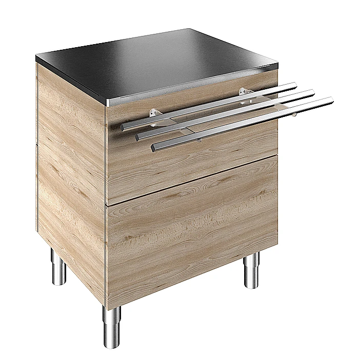 Idea<br>Elemento neutro su base armadiata per 2 bacinelle GN, con scorrivassoio in tubo inox, H=900mm