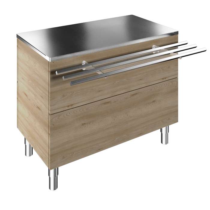 Flexy Compact<br>Elemento neutro su base armadiata per 3 bacinelle GN, con scorrivassoio in tubo inox, H=900mm