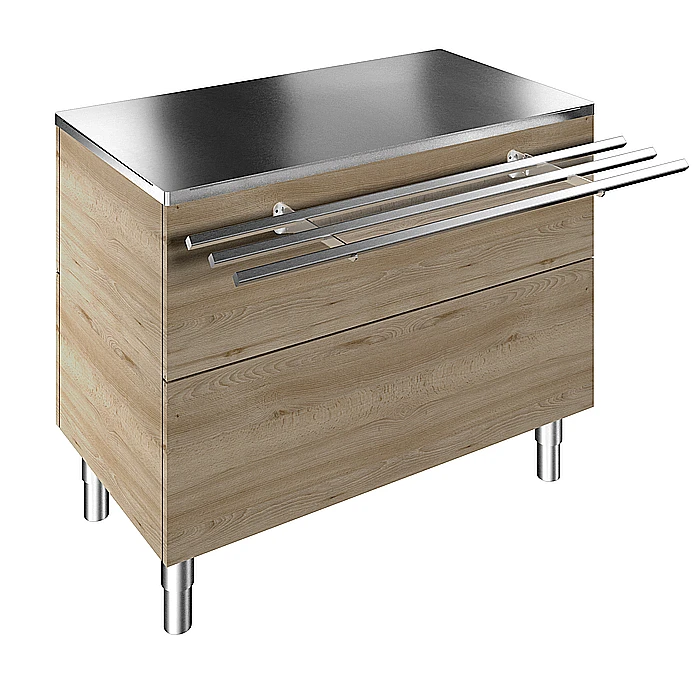 Idea<br>Elemento neutro su base armadiata per 3 bacinelle GN, con scorrivassoio in tubo inox, H=900mm