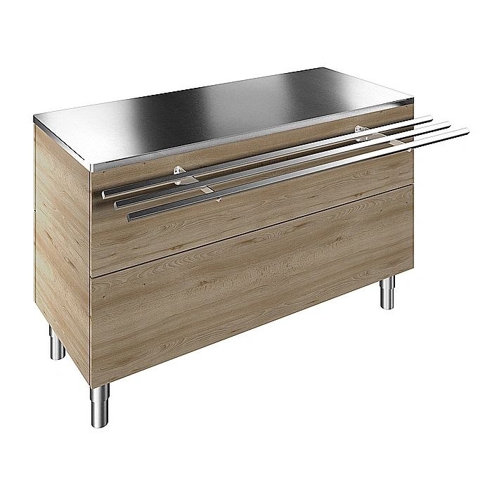 Flexy Compact<br>Elemento neutro su base armadiata per 4 bacinelle GN, con scorrivassoio in tubo inox, H=900mm