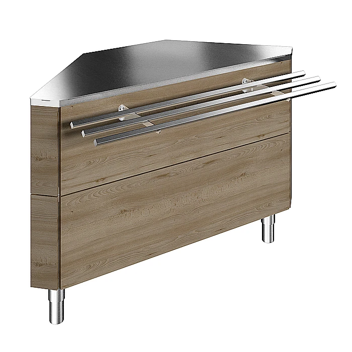 Flexy Compact<br>Unità ad angolo, 90°, con scorrivassoio in tubo inox lato cliente, H=900mm