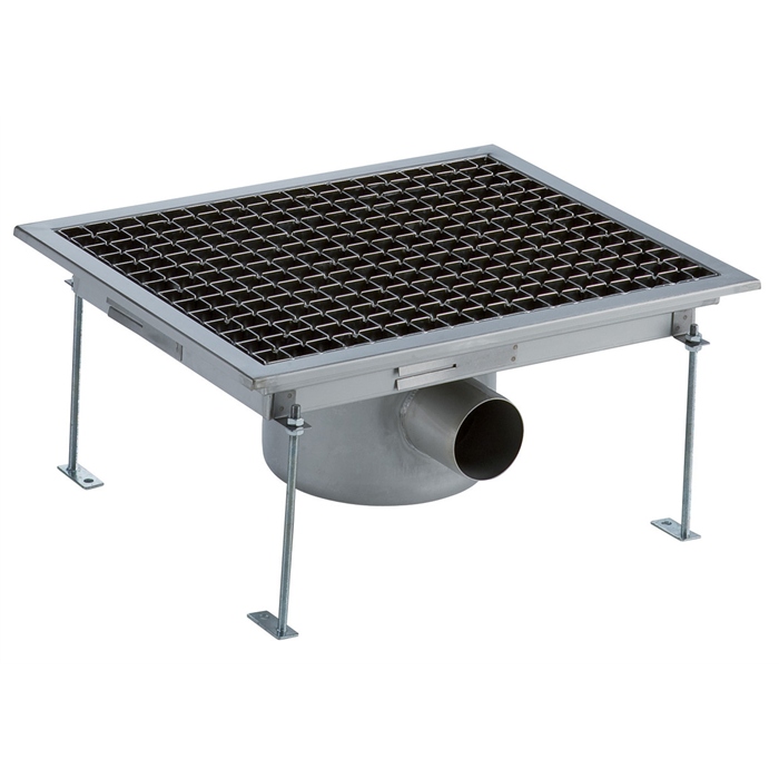 Floor Drains and Collecting Tanks<br>Floor Drain with Stainless Steel Grate and Central Drain - Horizontal outlet 400x500 mm