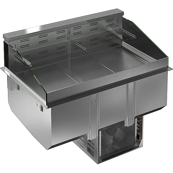 Drop-in<br>Vasca refrigerata da incasso, ventilata, con un ripiano refrigerato e un ripiano neutro per 3 bacine