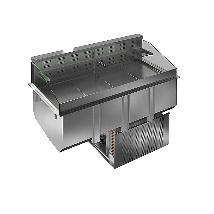Drop-in<br>Vasca refrigerata da incasso, ventilata, con un ripiano refrigerato e un ripiano neutro per 4 bacine