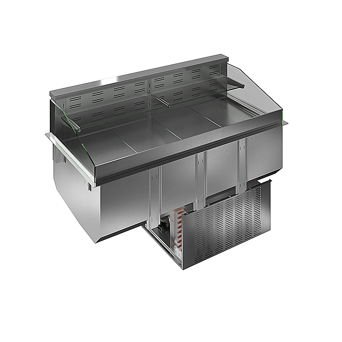 Drop-in<br>Vasca refrigerata da incasso, ventilata, con un ripiano refrigerato e un ripiano neutro per 4 bacine