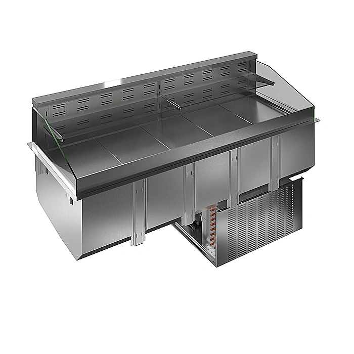 Drop-in<br>Vasca refrigerata da incasso, ventilata, con un ripiano refrigerato e un ripiano neutro per 5 bacine