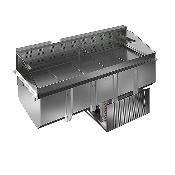 Drop-in<br>Vasca refrigerata da incasso, ventilata, con un ripiano refrigerato e un ripiano neutro per 5 bacine