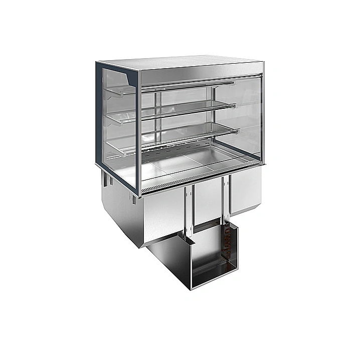 Drop-in<br>Vasca refrigerata da incasso con vetrina refrigerata squadrata, per servizio 4 ore, 3 GN