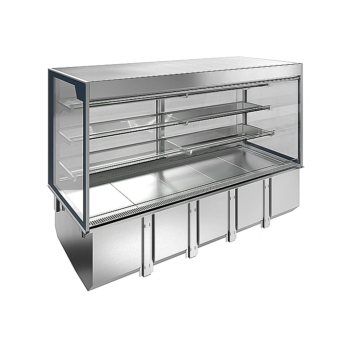 Drop-in<br>Vasca refrigerata da incasso con vetrina refrigerata squadrata, per servizio medio (4 ore), 5 GN