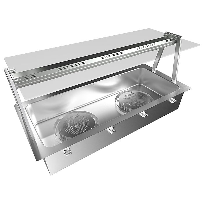 Drop-in<br>Bagno maria drop-in, ventilato ad aria, con una vasca (capacità per 4 GN contenitori) e un overshelf