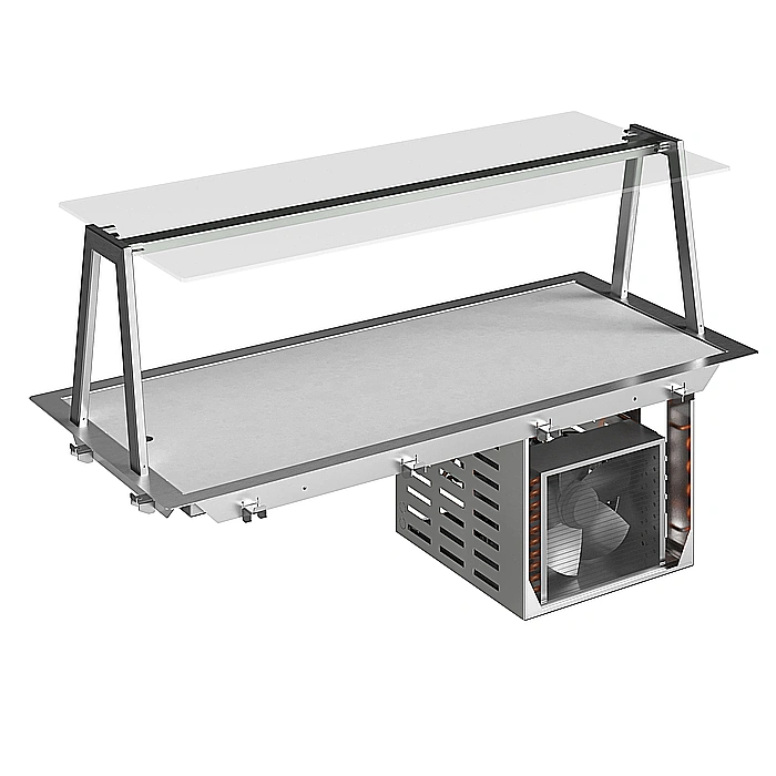 Drop-in<br>Piano refrigerato da incasso in quarzo per 4 bacinelle GN. Sovrastruttura con luci LED