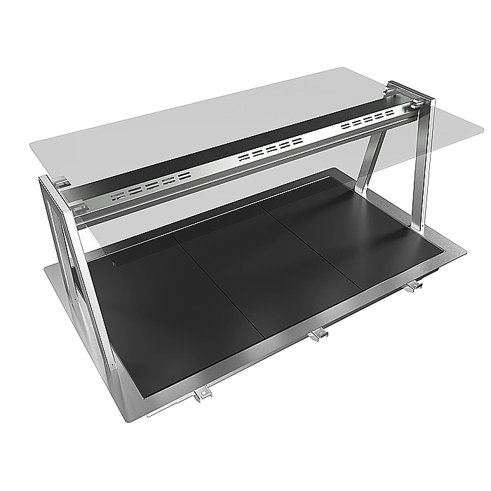 Drop-in<br>Piano in vetro temperato da incasso per 3 bacinelle GN. Svrastruttura con lampada riscaldante