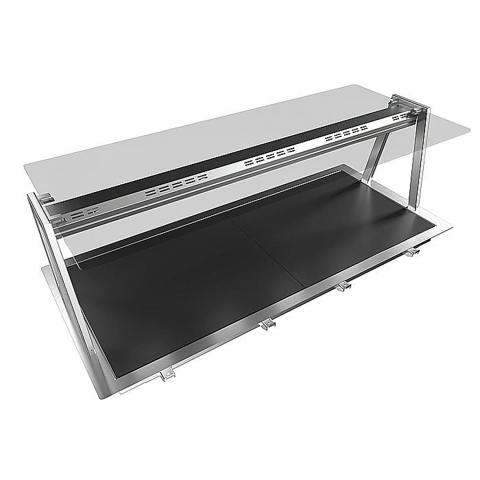 Drop-in<br>Piano in vetro temperato da incasso per 4 bacinelle GN. Svrastruttura con lampada riscaldante