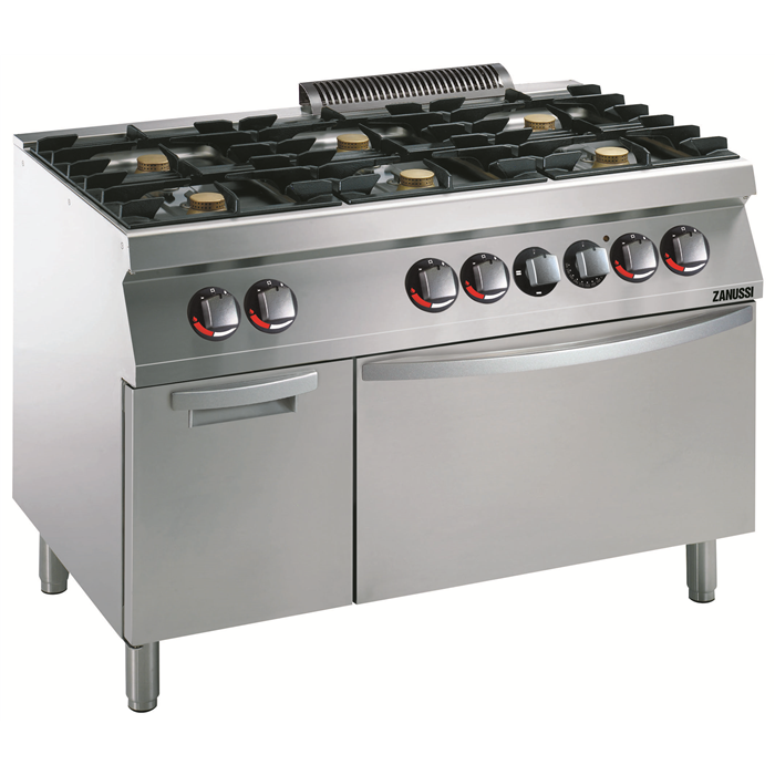 Cuisson modulaire<br>EVO700 6 feux vifs sur four électrique statique GN2/1 et soubassement neutre fermé