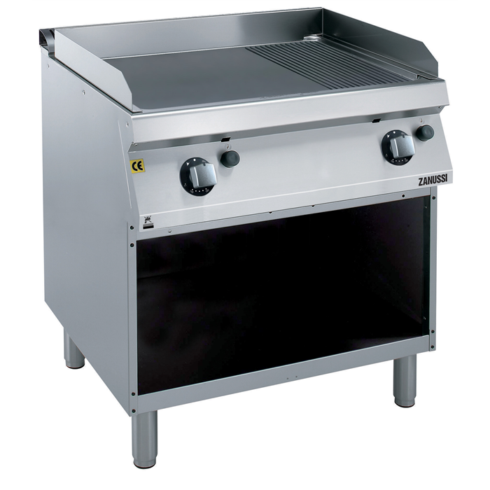 Modular Cooking Range Line<br>EVO700 800mm Gas Fry Top, Smooth and Ribbed Brushed Chrome Plate with Open base