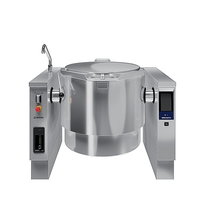 <br>Pentola elettrica basculante, predisposta per il mescolatore, 150 lt. (h), carico automatico acqua calda/fredda con rubinetto, doccetta, kit di chiusura posteriore.