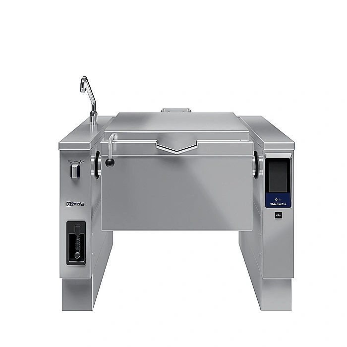 <br>Brasiera elettrica basculante, con fondo in compound, 90 lt. (h), carico automatico acqua calda/fredda con rubinetto, doccetta, kit di chiusura posteriore.