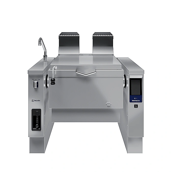 <br>Brasiera a gas basculante, con fondo in compound, 90 lt. (h), carico automatico acqua calda/fredda con rubinetto, doccetta, kit di chiusura posteriore.