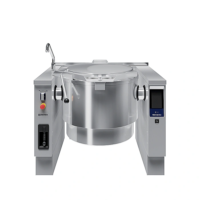 <br>Pentola elettrica basculante, predisposta per il mescolatore, 100 lt. (h), carico automatico acqua calda/fredda con rubinetto, doccetta, kit di chiusura posteriore