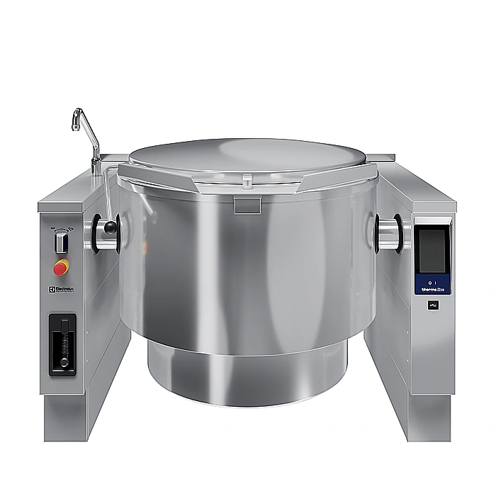 <br>Pentola elettrica basculante, predisposta per il mescolatore, 300 lt. (h), carico automatico acqua calda/fredda con rubinetto, doccetta, kit di chiusura posteriore.