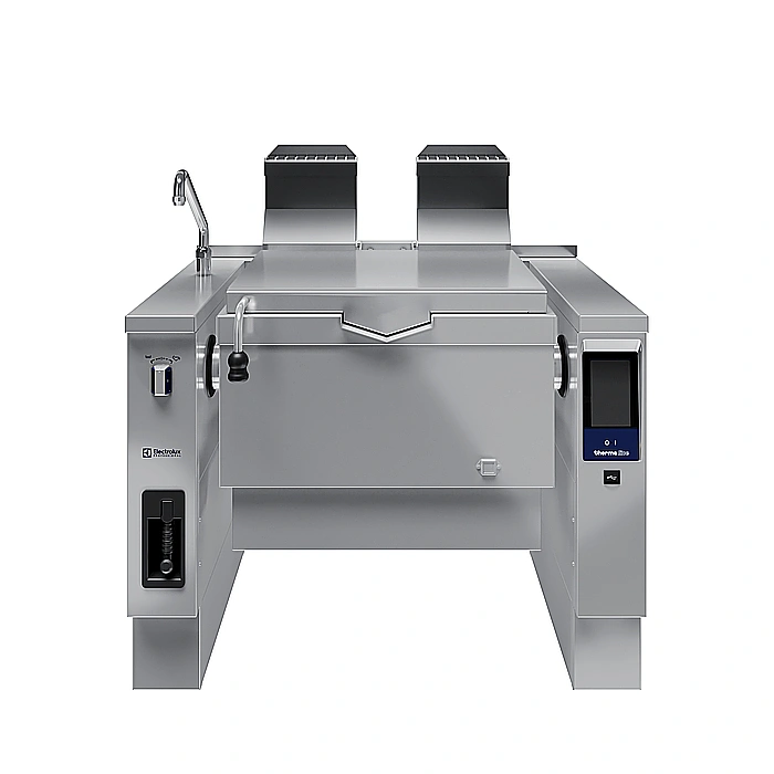 <br>Brasiera a gas basculante, con fondo in compound, 90 lt. (h), carico automatico acqua calda/fredda con rubinetto, doccetta, kit di chiusura posteriore.