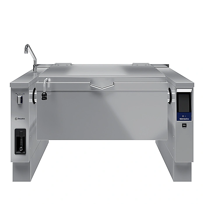 <br>Brasiera elettrica basculante, con fondo in compound, 170 lt. (h), carico automatico acqua calda/fredda con rubinetto, doccetta, kit di chiusura posteriore.