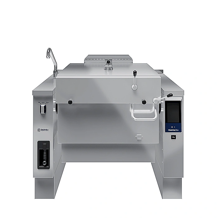 <br>Brasiera a gas basculante a pressione, 90 lt. (h), con funzione condensa vapore e sonda di temperatura, carico automatico acqua calda/fredda con rubinetto, doccetta, kit di chiusura posteriore.