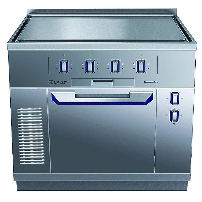 Gamma cottura modulare<br>Tuttapiastra elettrico 4 zone, su forno elettrico statico, alzatina posteriore, 1 lato operatore