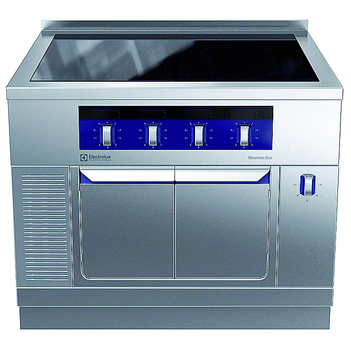 Gamma cottura modulare<br>thermaline 90 – Induzione 4 zone ampia superficie su base calda, 1 lato op. alzatina, profilo ig.