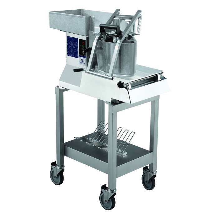 Tagliaverdure<br>Tagliaverdure 2 velocità+tramoggia a leva+vassoio+carrello inox+porta dischi