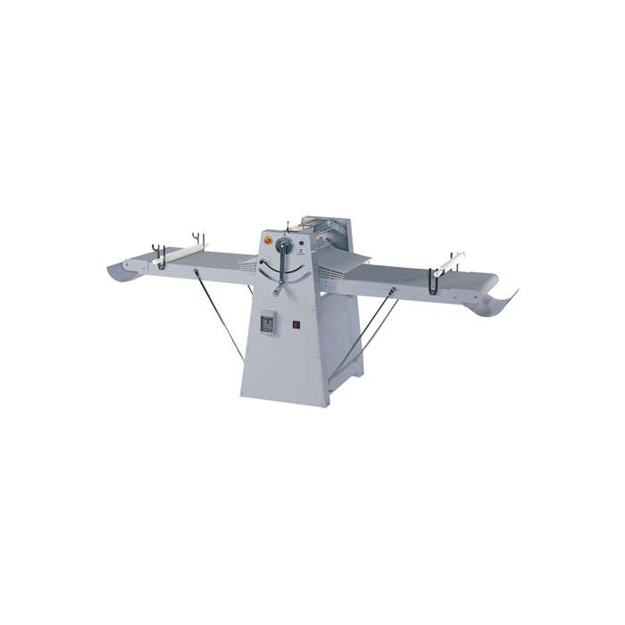 Sfogliatrici<br>Sfogliatrice a tappeti a pavimento con piani rialzabili, compatibile con modulo per croissant, lunghezza di lavoro 500 mm, lunghezza tappeti 2 x 1000 mm, raschiatore smontabile, velocità variabile