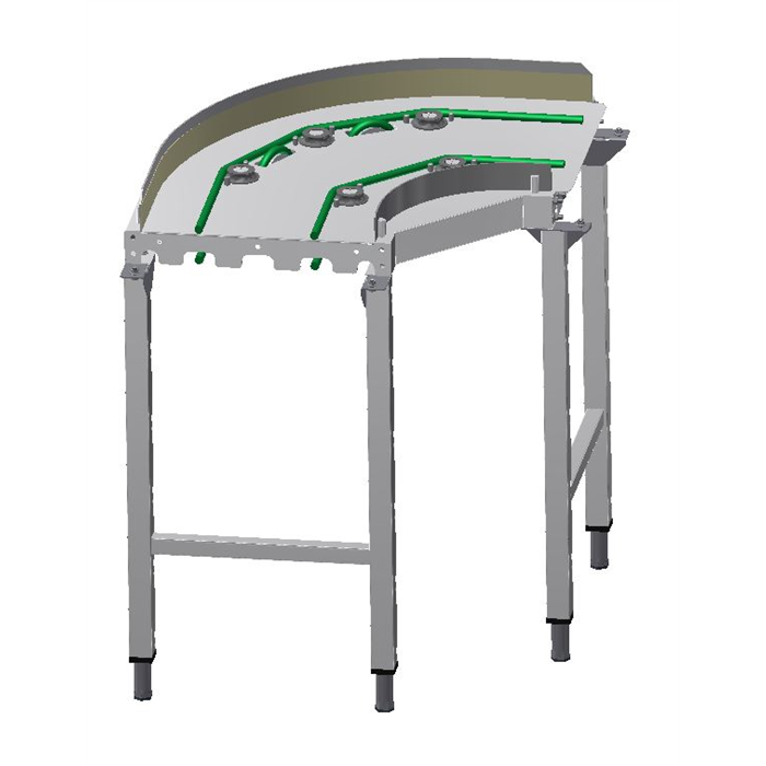 Environnement pour machines à avancement automatique<br>Courbe à 90° pour convoyeur à cordes transport plateaux avec pieds