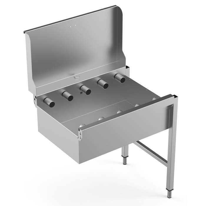 Environnement pour machines à laver<br>Table à rouleaux courts avec bac de trempage et dosseret arrière